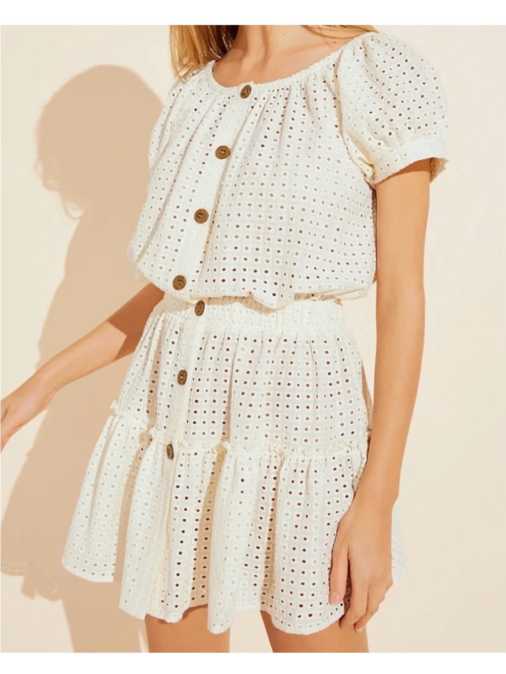 Eberjey Portola Elsie Dress Ecru Cream Eyelet Mini Skirt Button Front Medium EUC